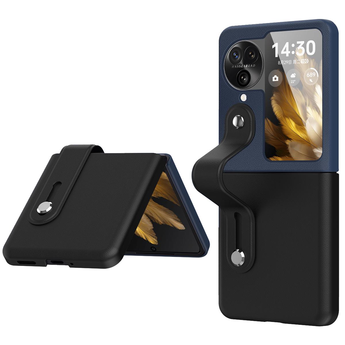 

PU+PC Phone Case for Oppo Find N3 Flip 5G Dual Color Design Wristband Kickstand Phone Cover Black+Navy Blue