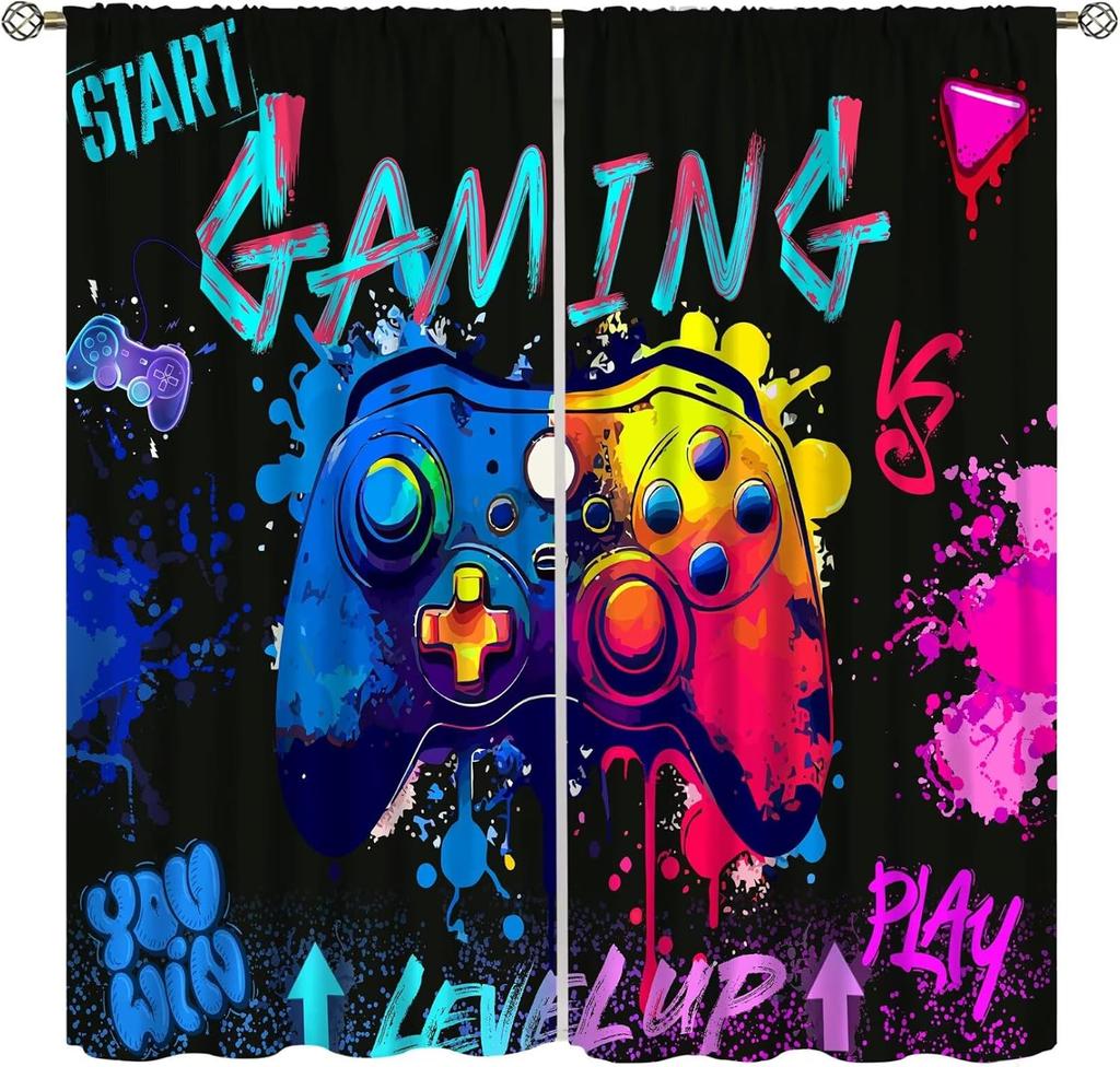 Spiel Vorhänge Cartoon Gamepad Junge Mädchen Teenager Schlafzimmer Neon Dekorativ Küche Wohnzimmer Vorhang Set Bahnen Polyester Perfekt Für Bereich