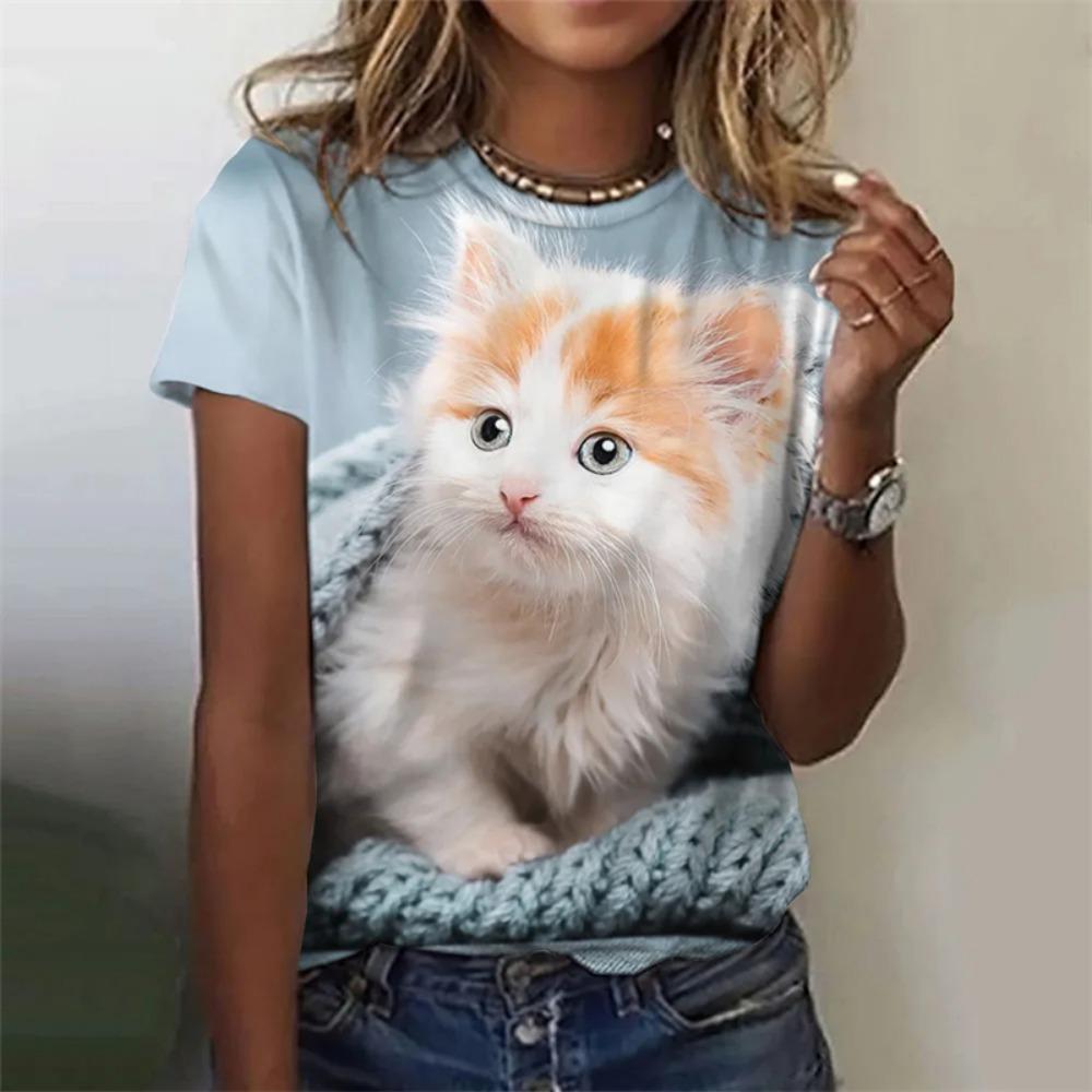 Women's T Shirts Funny 3D Kawaii Cat Print T-Shirts Fashion O-neck Short Sleeve Top Female Y2k Clothing Cute Clothes