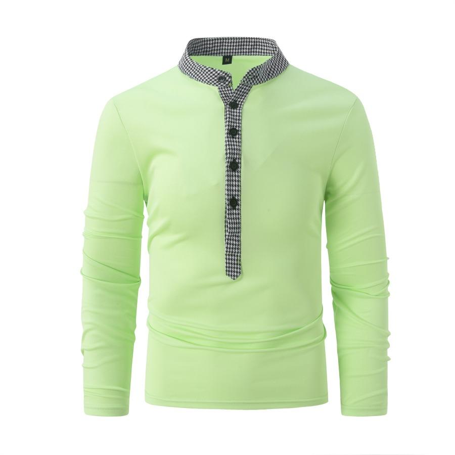 Men's Polo Shirt Long Sleeve Plaid Stand Neck T-shirt Spring Autumn Casual Fit Top Men
