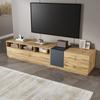 A modern TV stand in contrasting colors. With a simple, high-contrast design. With open compartments and cable openings. 200 cm