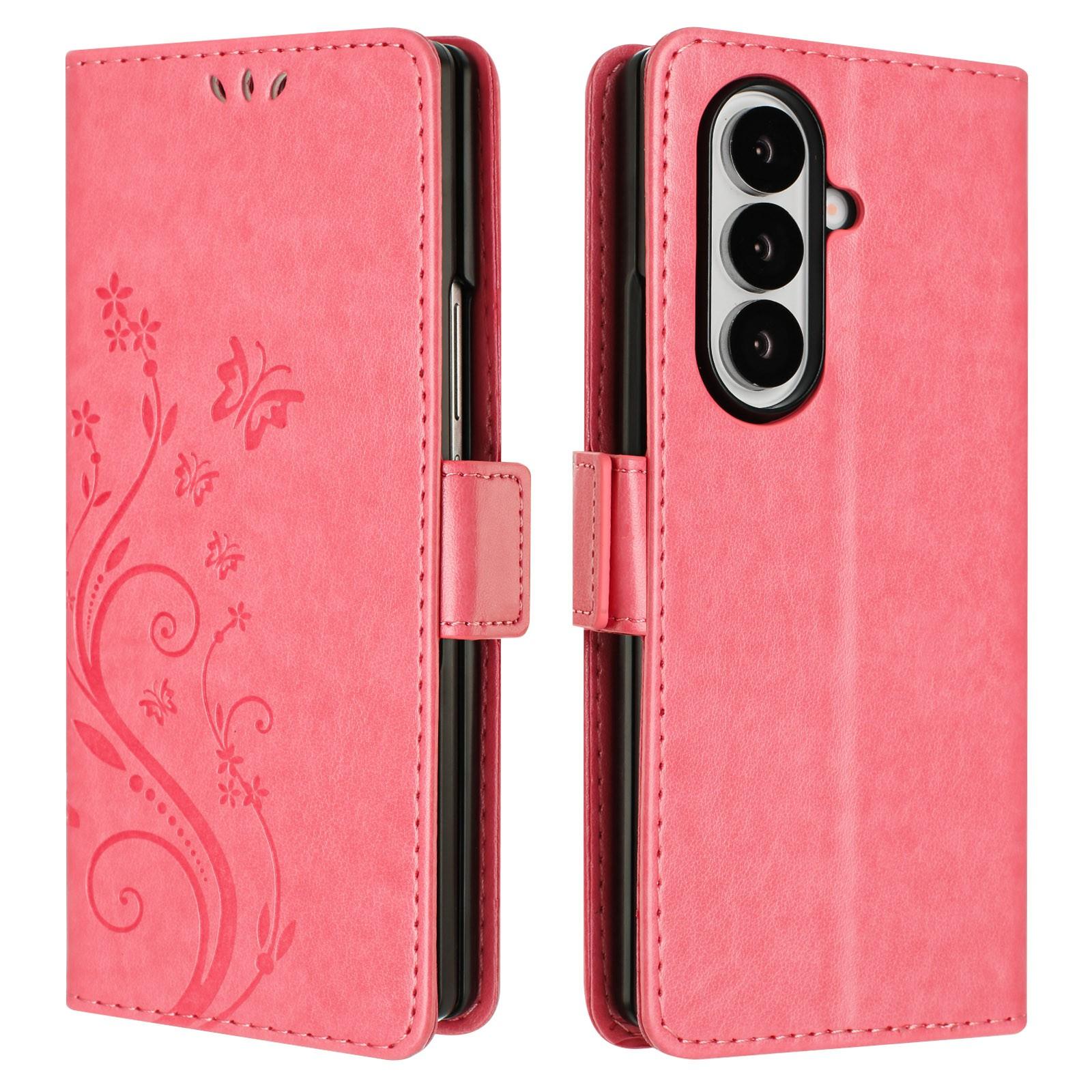

For Samsung Galaxy Z Fold7 5G Leather Wallet Case Butterfly Flower Imprinted Phone Cover with Strap Pink