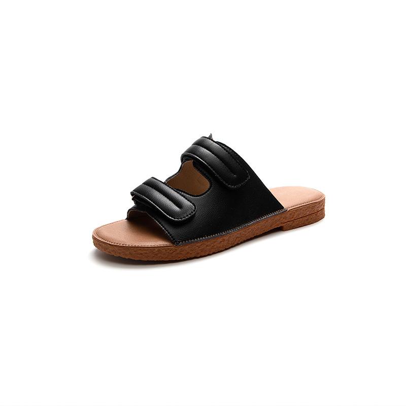 Summer New Cowhide Outer Wear Flat-bottomed Cool Slippers Women's Hollow Velcro Fashionable and Comfortable Rubber Soft-soled Beach Shoes