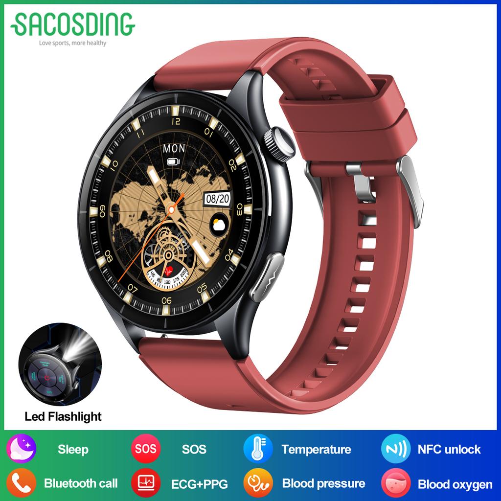 SACOSDING Men Smart Watch 1.56 inch AMOLED HD Screen Led Flashlight BT Calling ECG Health Monitoring Sports Fitness Tracker Women Smartwatch