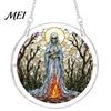 Decorative Glass Effect Pendant Halloween Acrylic Puzzle Window Suncatcher, Stained Style Hanging Ornament Retro Skeleton Pumpkin Crow with