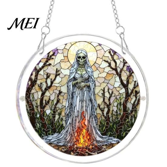 Decorative Glass Effect Pendant Halloween Acrylic Puzzle Window Suncatcher, Stained Style Hanging Ornament Retro Skeleton Pumpkin Crow with