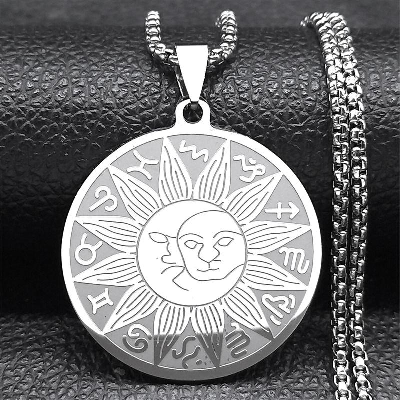 12 Constellations Sun Moon Astrology Stainless Steel Chain Necklace Silver Color Jewelry collier signe astrologique 3425-QKC