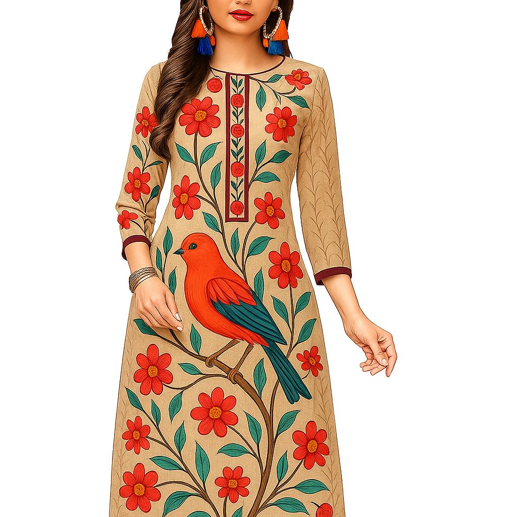 

Fashion circle design recommendation! Breathable kurta with retro ethnic bird prints all over. New women s casual kurta is on the market, comfortable S бежевий