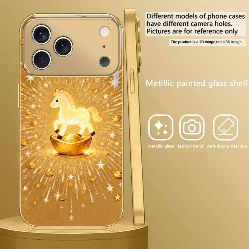 The shining golden pony For IPhone 17Pro Max 16 17 Pro 15 Pro 14 13 Plus 12 Mini 11Pro Max XR 16E 17 Air Golden glass phone case