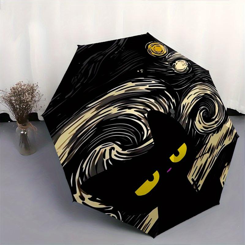 Starry Night Cat Automatic Folding Umbrella  8 Ribs, Durable Iron Frame, Bright Color Pattern Compact Travel Umbrella, Suitable for Outdoor,