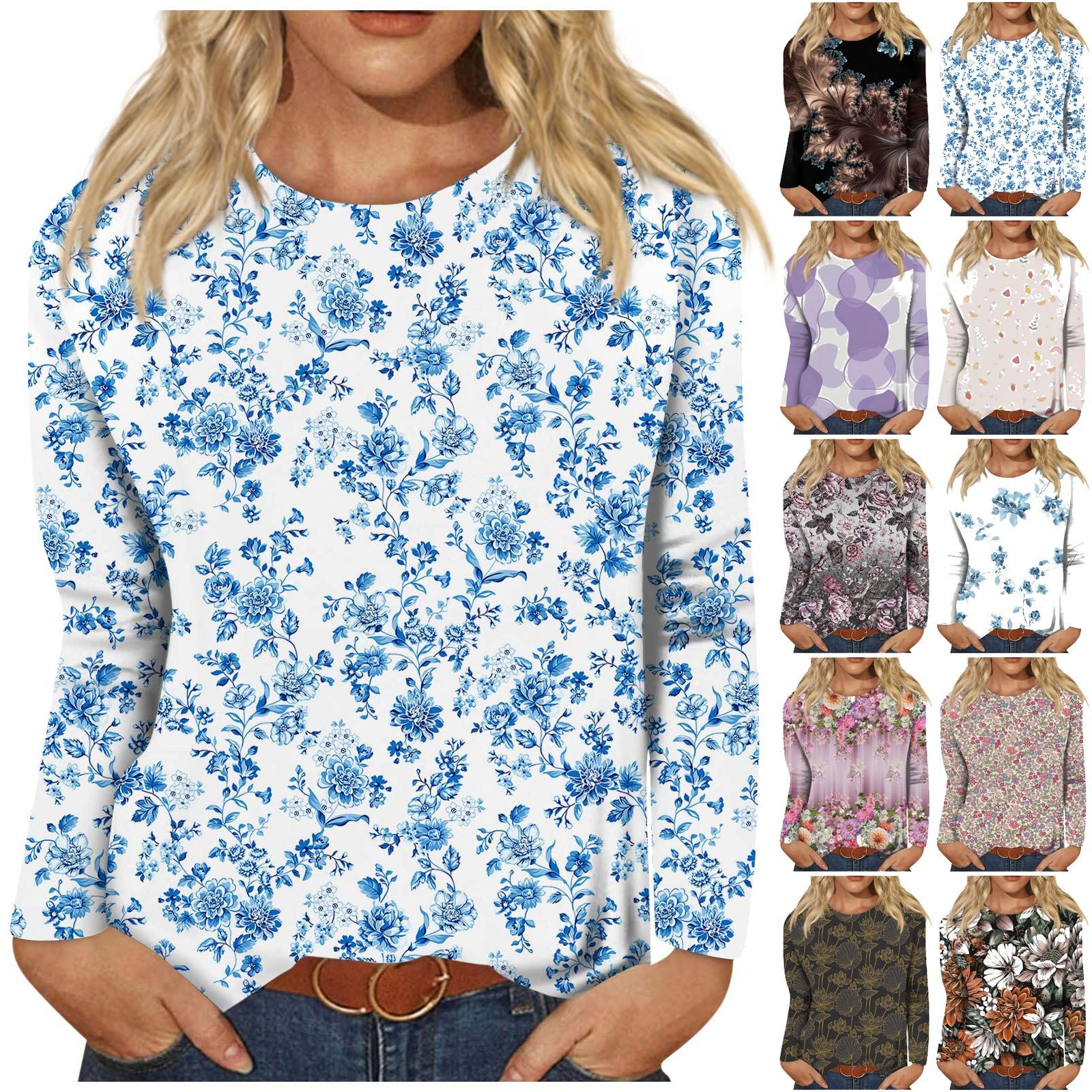 

Женский модный повседневный пуловер с круглым вырезом и длинным рукавом с цветочным принтом XL имбирный