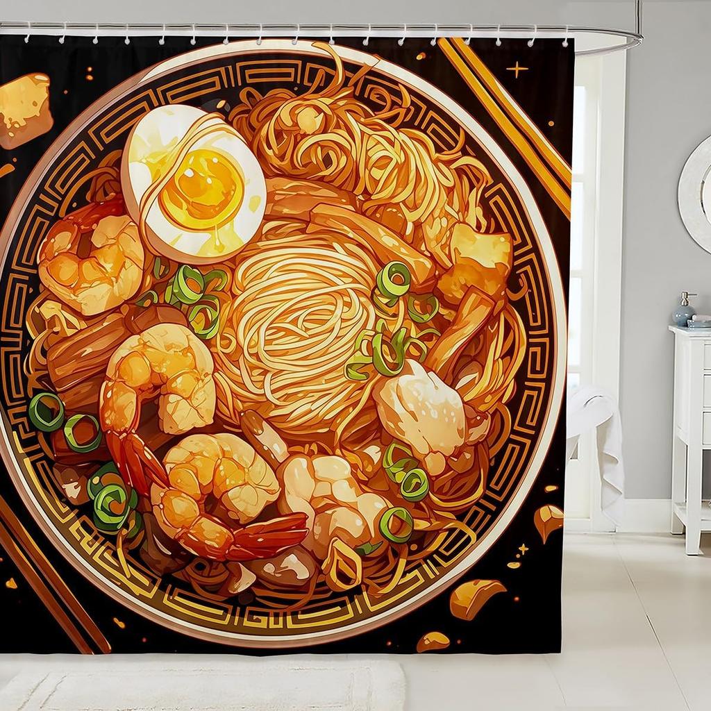 Ramen Noodle Shower Curtain Set Bathroom Decor for Kids Girls Boys,Japanese Style Bathroom Set Funny Food Fabric Shower Curtain