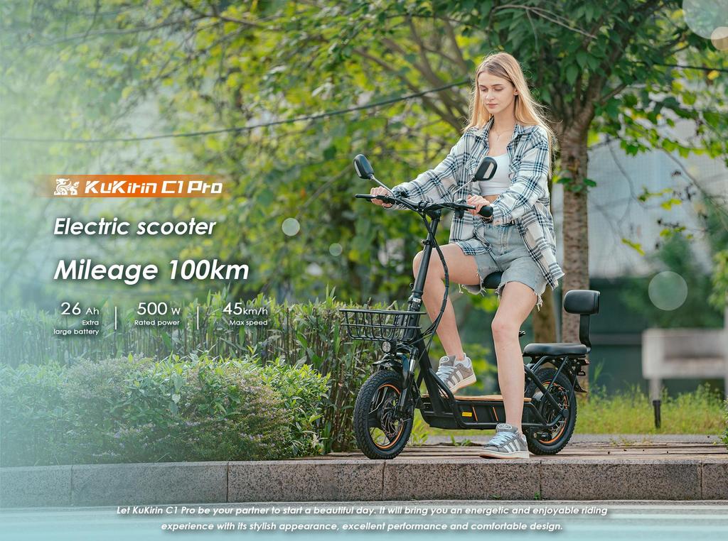 KuKirin C1 Pro Elektrisk Scooter, 500W Motor, 26AH Batteri, Tophastighed 45 Km/t, Rækkevidde 100 Km, Med Kurv Og Bagsæde
