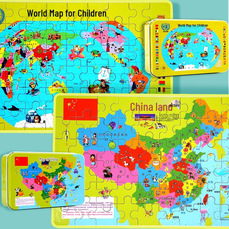 Magnetic Wooden World Map Puzzle in Tin Box: 3D Educational Toy for Kids