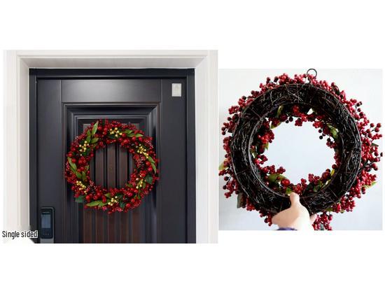 Handmade Christmas Wreath with Red Berries & Green Leaves on Steel Ring for Door Decoration