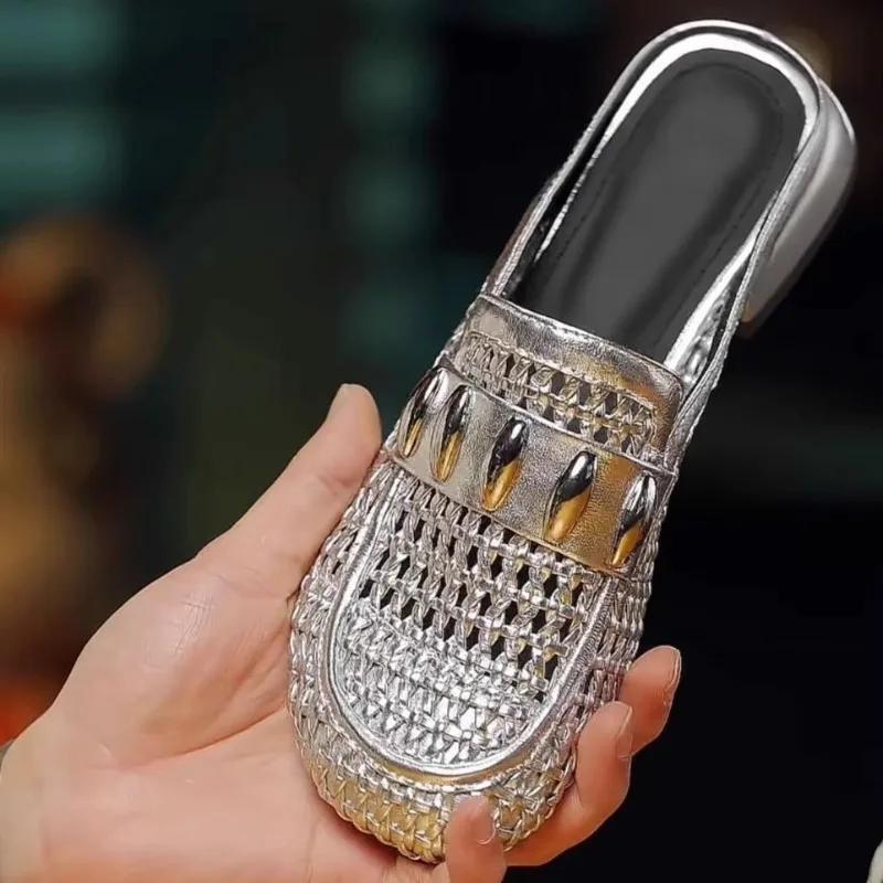 Fashion Women's Hollow Bow-top Slippers Summer New Round Head Deep Mouth Metal Buckle Soft Sole Non-slip Mid-heel Shoes