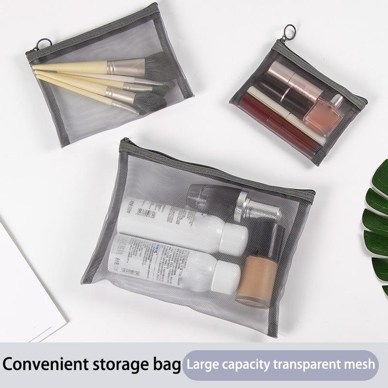 1Pcs Travel Gray Black Mesh Cosmetic Bag Zipper Makeup Bag Women Wash Toiletry Bag Makeup Organizer Portable Storage Pouch