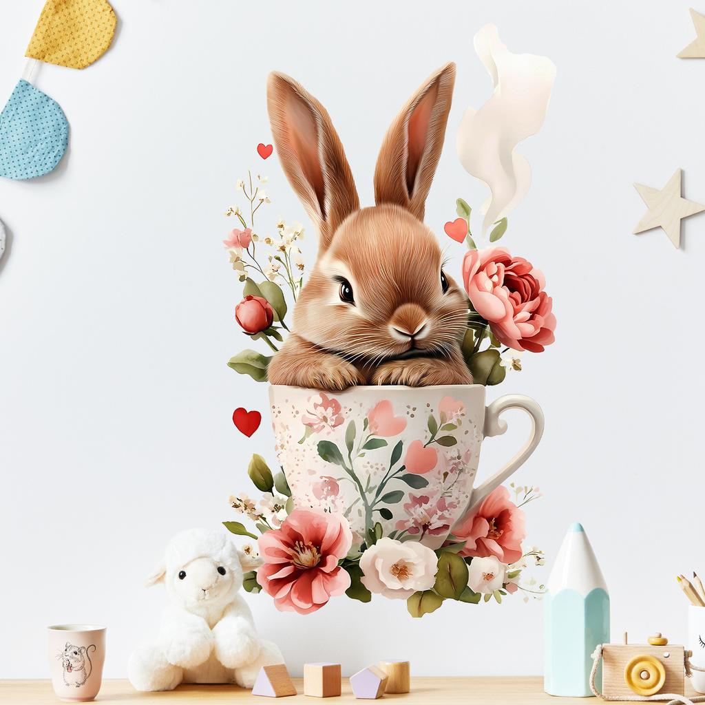 Ostern Blumenschale und Hase Wandaufkleber Selbstklebend Abnehmbar für Kinderzimmer Wohnzimmer Hintergrund Hausdekoration