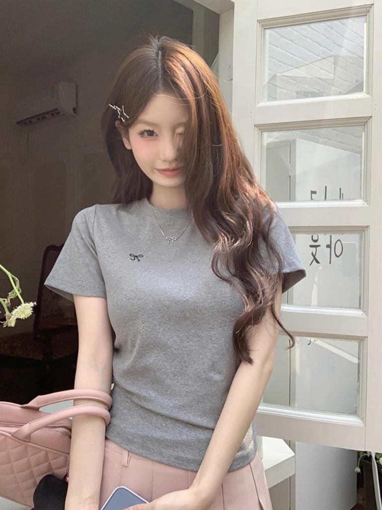 Women's 2025 Korean Style Bowknot Embroidered Slim Fit T-Shirt, Short Sleeve, Round Neck