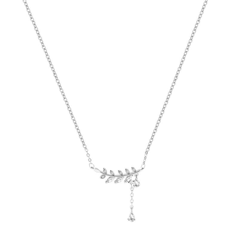 Diamond-Encrusted Olive Branch Necklace Female Korean Version  Willow Leaf Fringed Collarbone Chain Niche Fashion Jewelry Quality