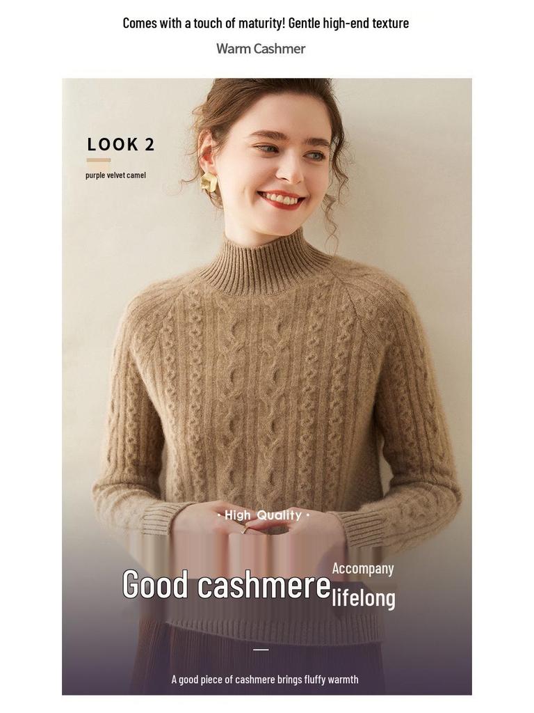 Damski modny kaszmirowy sweter z półwysokim dekoltem, warkoczowy, raglanowy