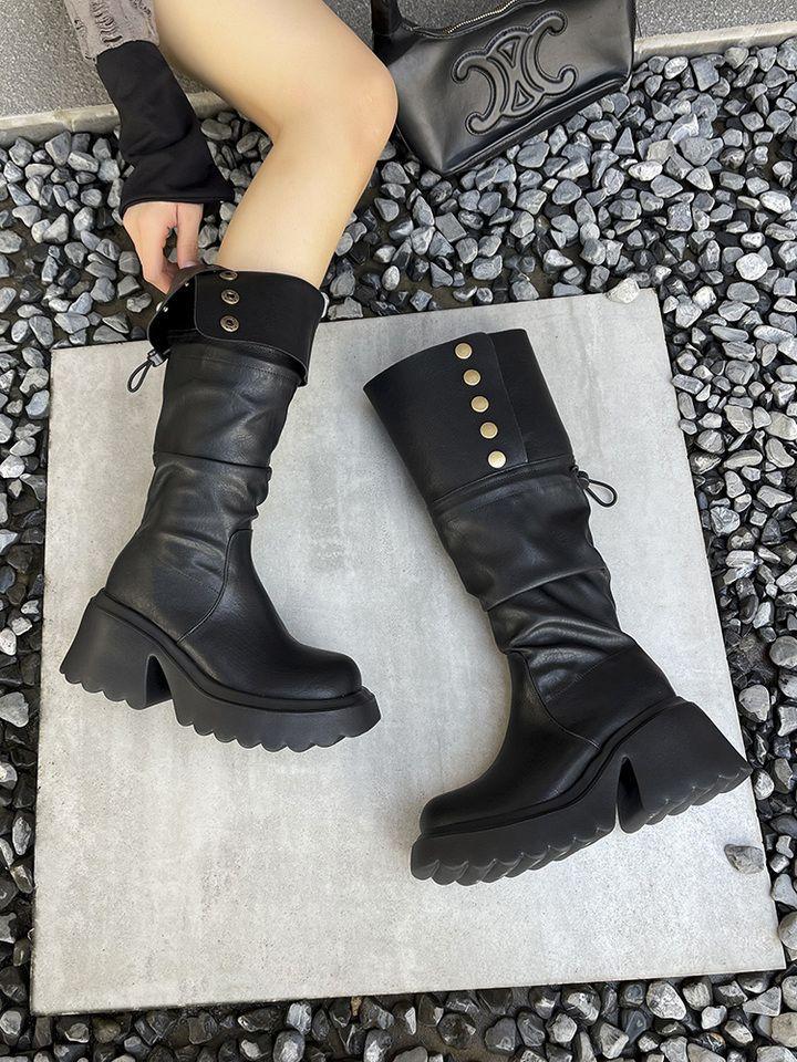 Retro plissierte Stiefel zum Stapeln, Damen 2025 dicksohlige aber kniehohe ausländische kleine hohe Ritterstiefel