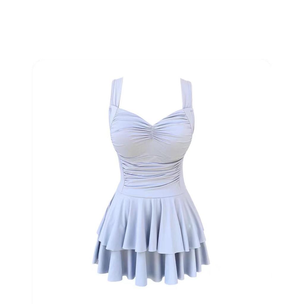 Macaron Blue Swimsuit Women's One-piece Skirt Type Pure Desire Wind Covering the Meat and Showing Thinness, Beautiful Backless Bow Soaking Hot Spring