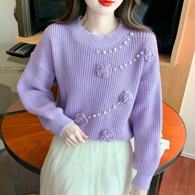 WTEMPO Women's Long Sleeve Round Neck Sweater Fashion Flower Knitwear Girl Soft Comfortable Knitting Tops Sweaters