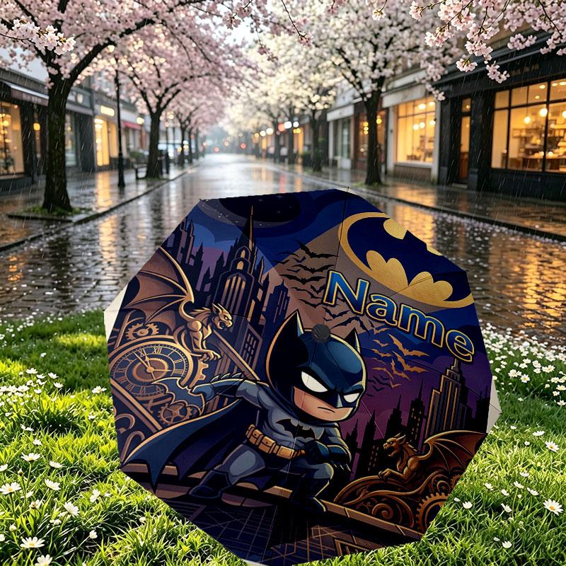 Custom Name Personalized Batman Print Umbrella, Auto Open Close, 8‑Rib Sturdy Frame, Commute Camping Hiking Use, Birthday Gift