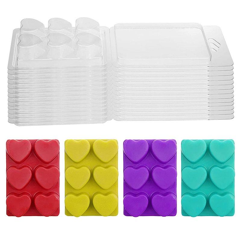 10 Pcs Containers With 6/4 Cavity Clear Plastic Wax Melt Clamshell For Diy Wax Melt Candles, Square (Heart)