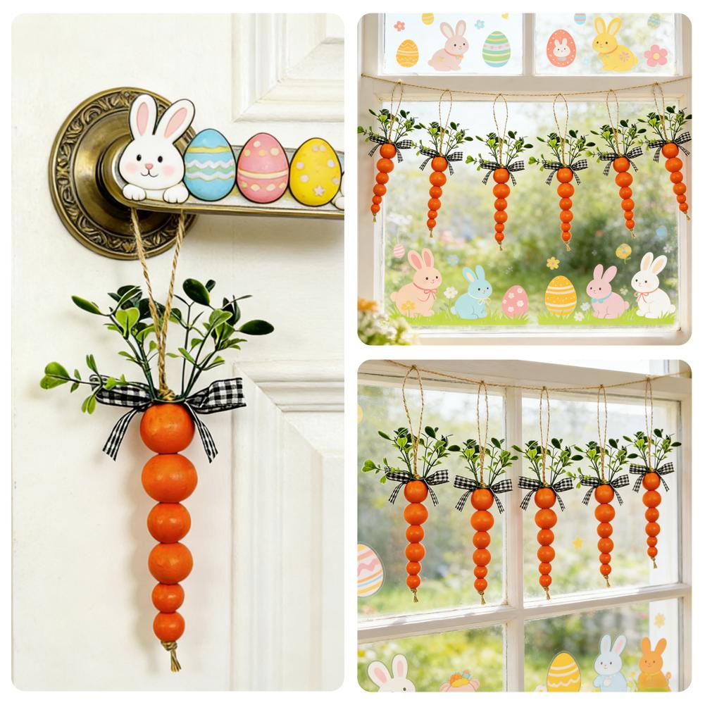 Wooden Easter Carrot Hanging Pendants With Bead String Ornaments For Spring Easter Party Farmhouse Home Decor Carrot Garland