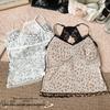 Leopard Print Lace Patchwork Spaghetti Strap Halter Top with Built-in Bra