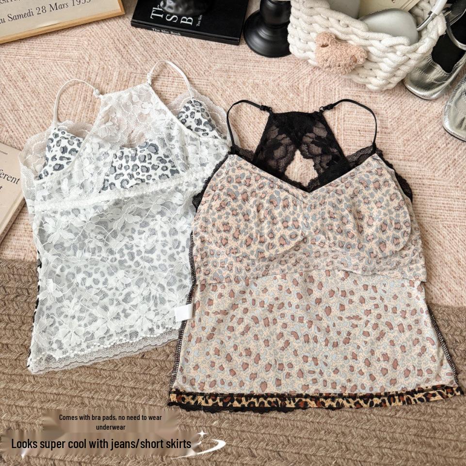 Leopard Print Lace Patchwork Spaghetti Strap Halter Top with Built-in Bra