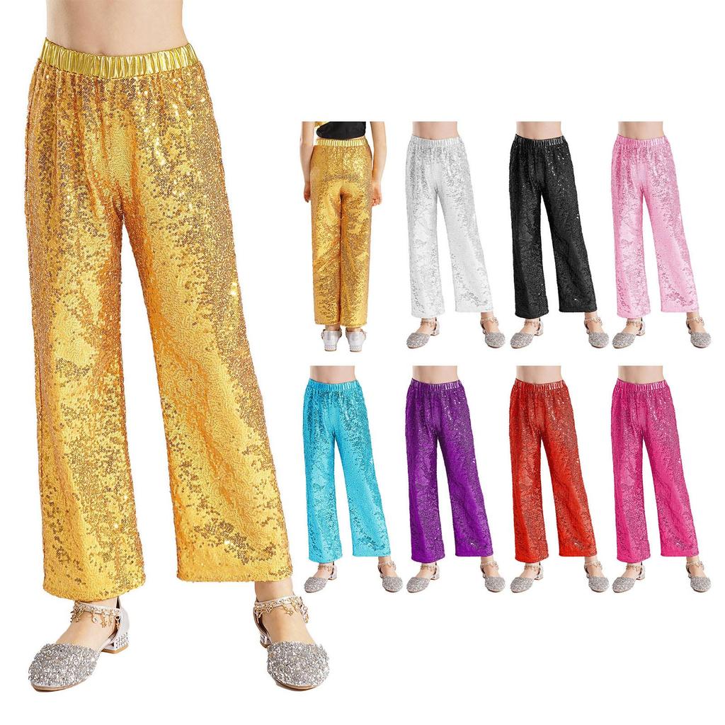 Children’s Glitter Sequin Pants High Waist Elastic Waist Loose Leg Trousers for Dance Stage Party Performance School Show