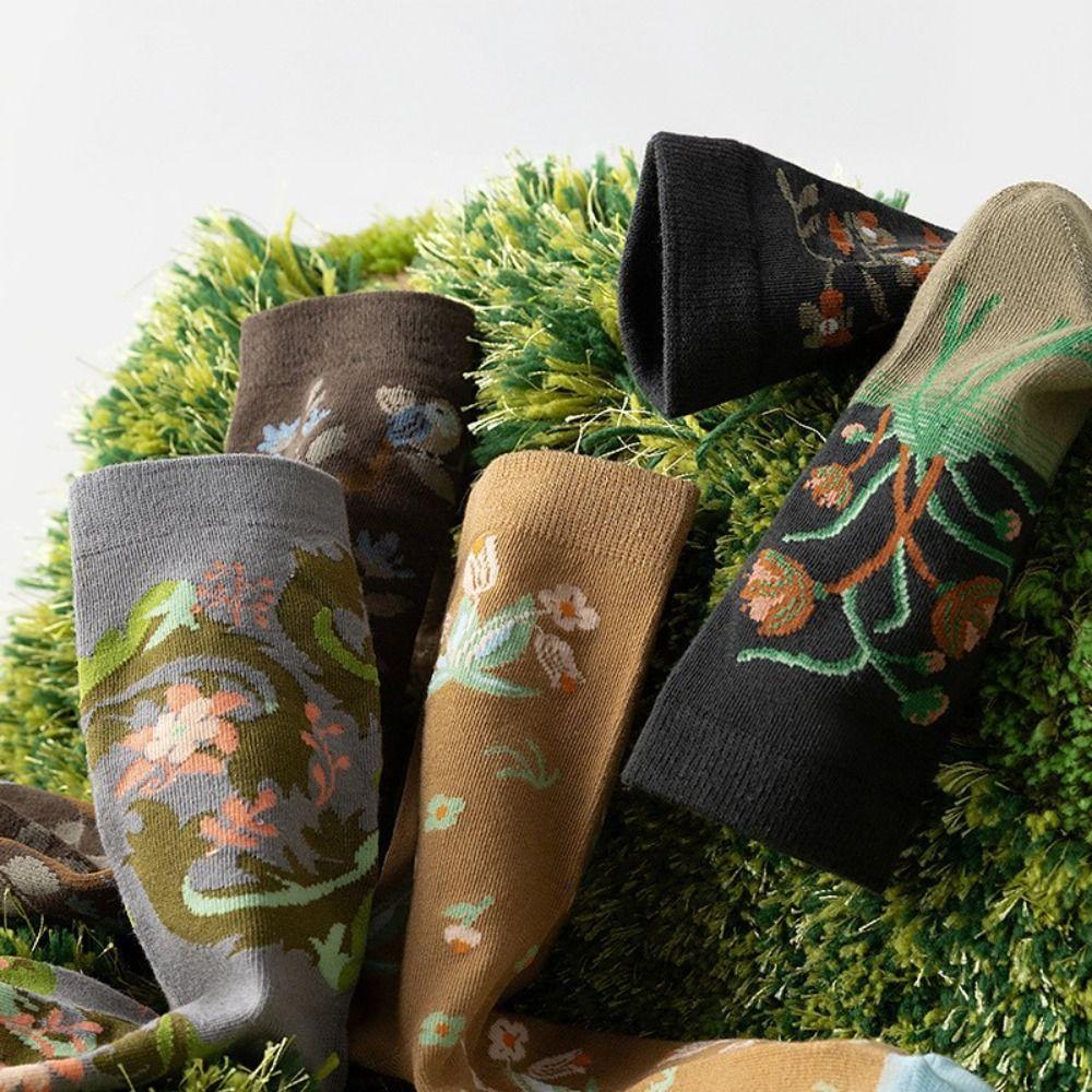 Thin Girls Mid-calf Socks Revivalism Retro Style Sock Women French Style Floral Tube Socks Female