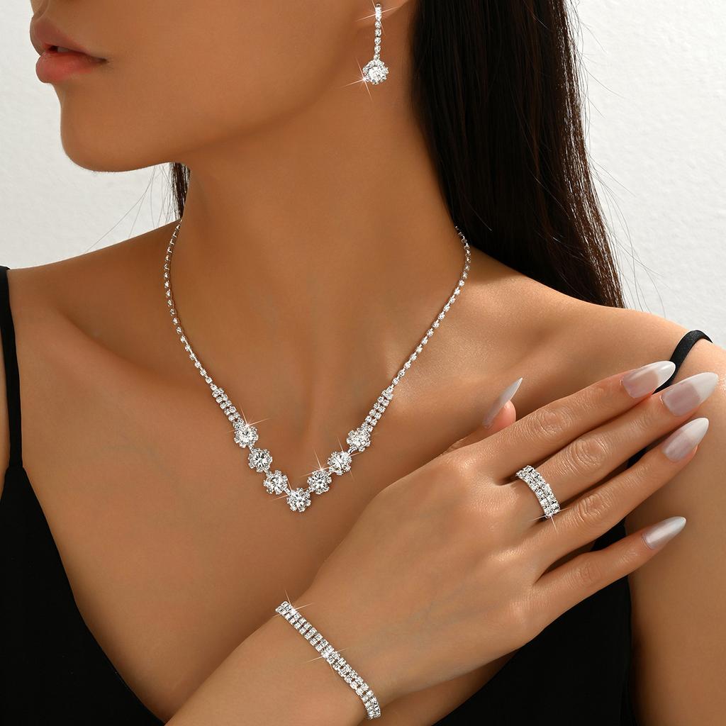 Wedding Accessories Jewelry Set Necklace Earrings Bracelet Ring Four-Piece Evening Dress Wedding Versatile Accessories