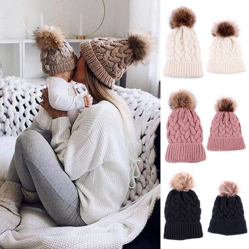 Stylish Comfortable And Stretchable Winter Mum And Baby Matching Knitted Beanie Hats