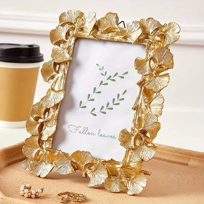 Resin Photo Frame - Gold Ginkgo Leaf Design, 4R/6" Tabletop Decor, Elegant Living Room Showcase, Creative Home Furnishings