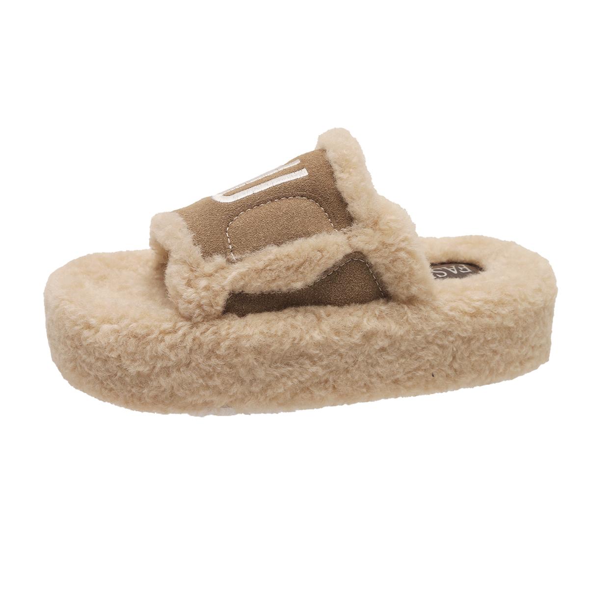 

Fur Women Slippers Designer Autumn Winter Open Toe Wool Comfort Warm Shoes Fashion Flat Casual Outdoor Leisure Dress Slippers 35 бежевый