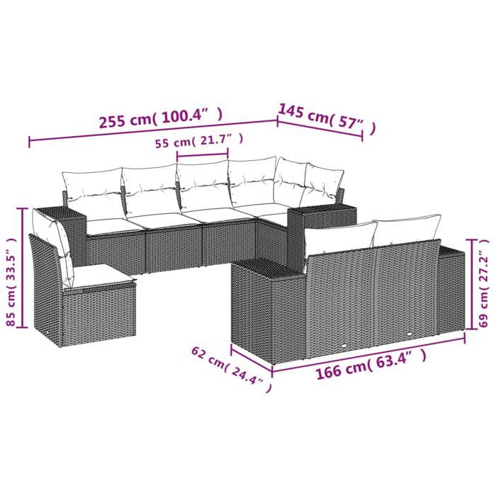 VidaXL Salon de Jardin avec Coussins 8 pcs, Canapés de Terrasse, Ensemble de Meubles de Patio, Mobilier d'Extérieur, Noir 3222834