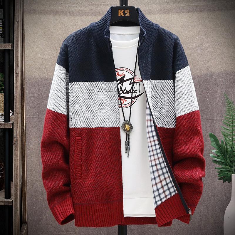 Autumn Winter Cardigan Sweater Men Fleece Zipper Sweaters Velvet Contrast Striped Sweater Coats Casual Jackets