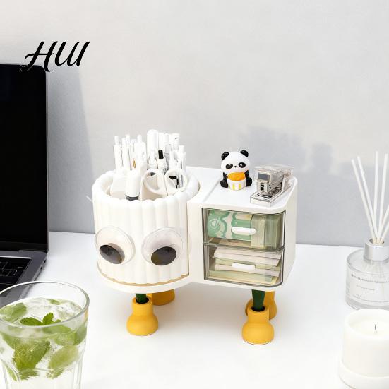 Children Stationery Organizer Cute Rotating Pen Holder with Drawer 2-in-1 Large Capacity Desktop Sorter for Kids Girls Multifunctional Storage