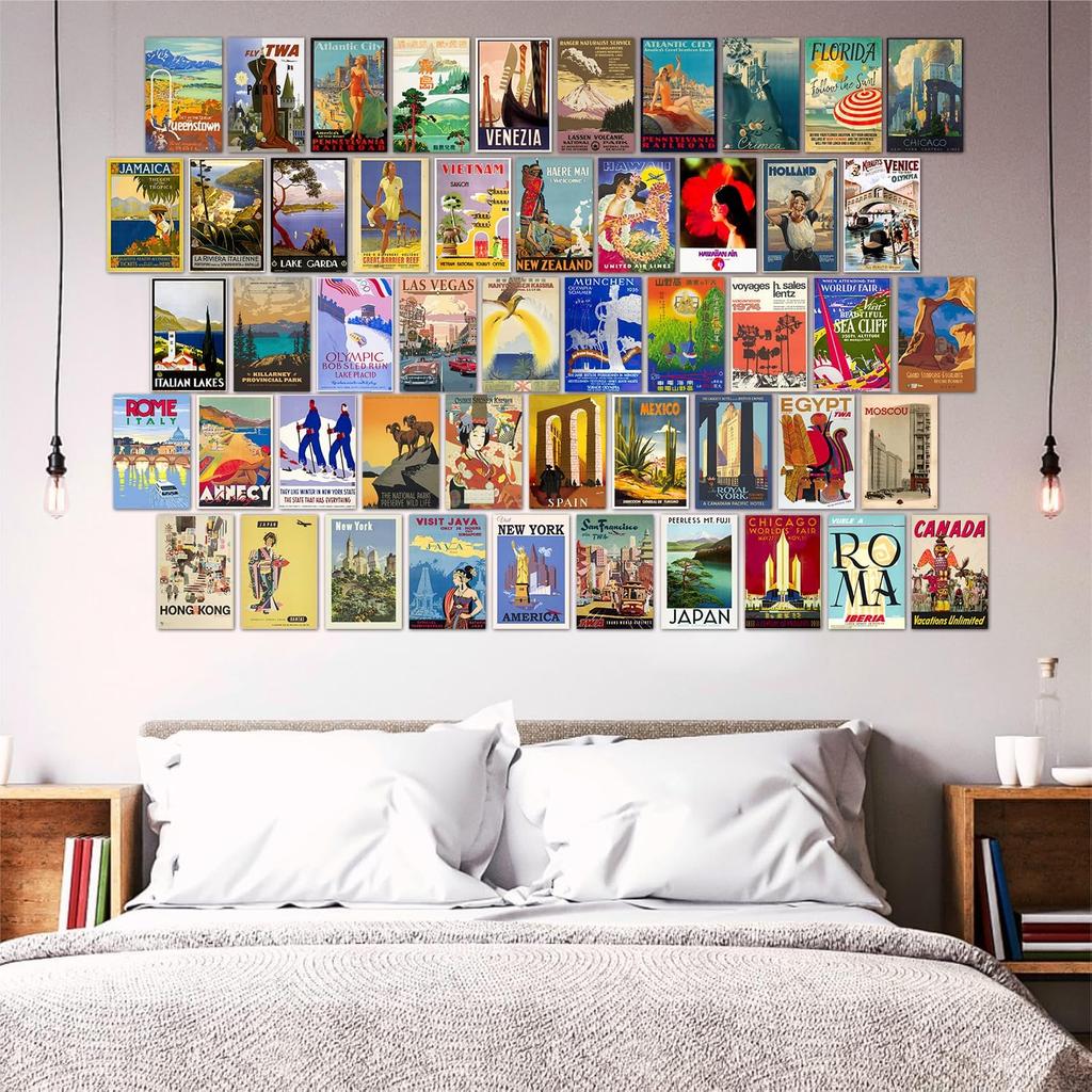 TRAMIN 50 PCS Vintage Travel Decor Posters, Retro Popular Cities Photo Collage Kit, World Travel Wall Art Prints, Trendy City Landscape Aesthetic