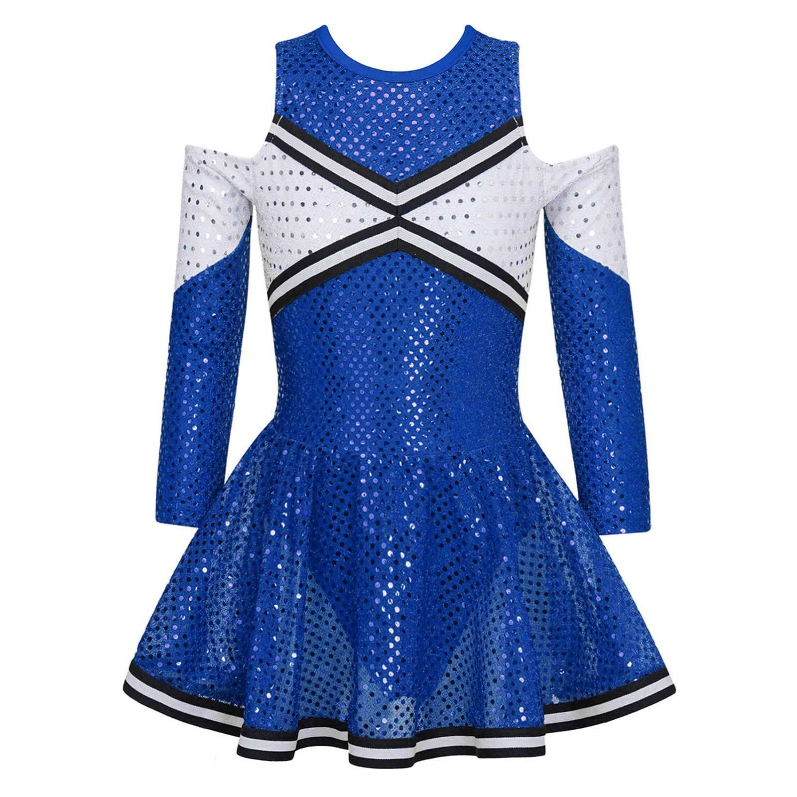 

Girls Cheerleading Dress Long Sleeve Off Shoulder Round Neck Contrast Color Shiny Sequins Dance Costume 15-16 Years