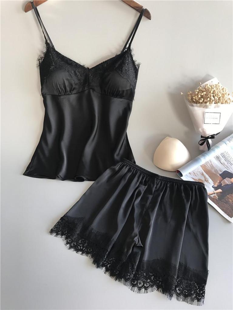 2019 Women's Sexy Summer Ice Silk Suspender Pajamas Set with Shorts - Plus Size Thin Homewear