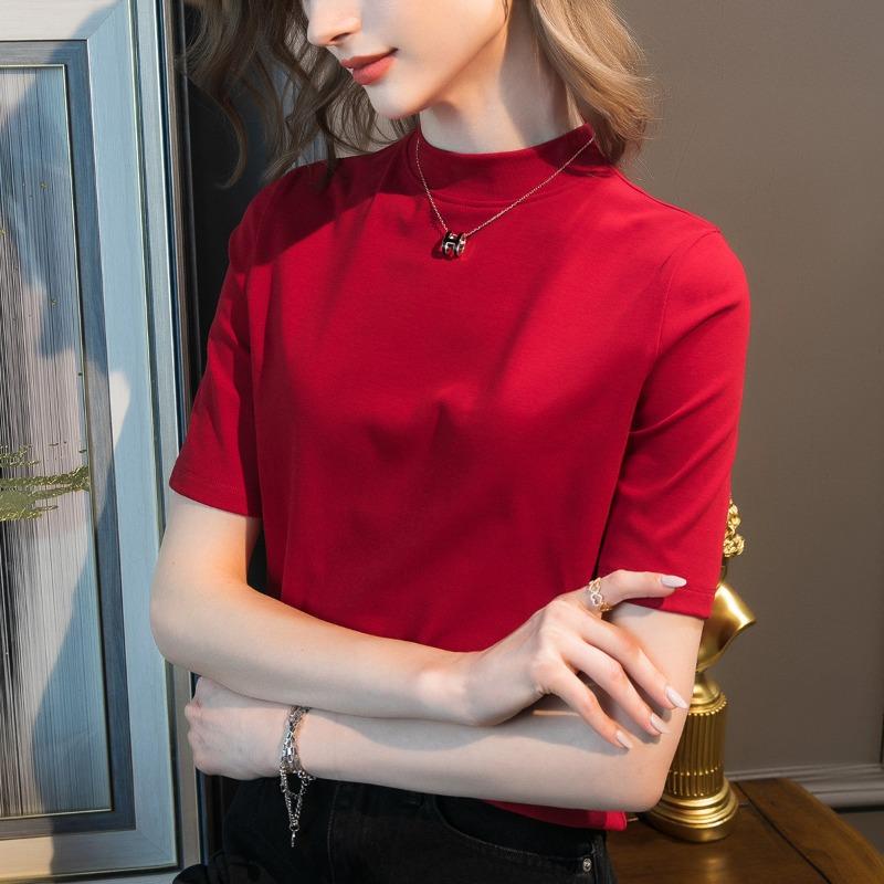 Early autumn new women's clothing medium-sleeved small stand-up collar design sense half-sleeved women's thin t-shirt top women