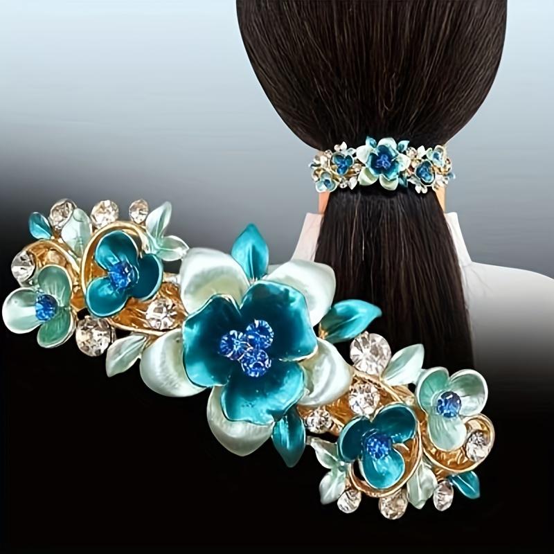 Single Bohemian Floral Rhinestone Hair Clip Large Rectangular Hairpin with Multicolor Enamel Flowers, Sparkling Crystals Golden Tone Accents for Women