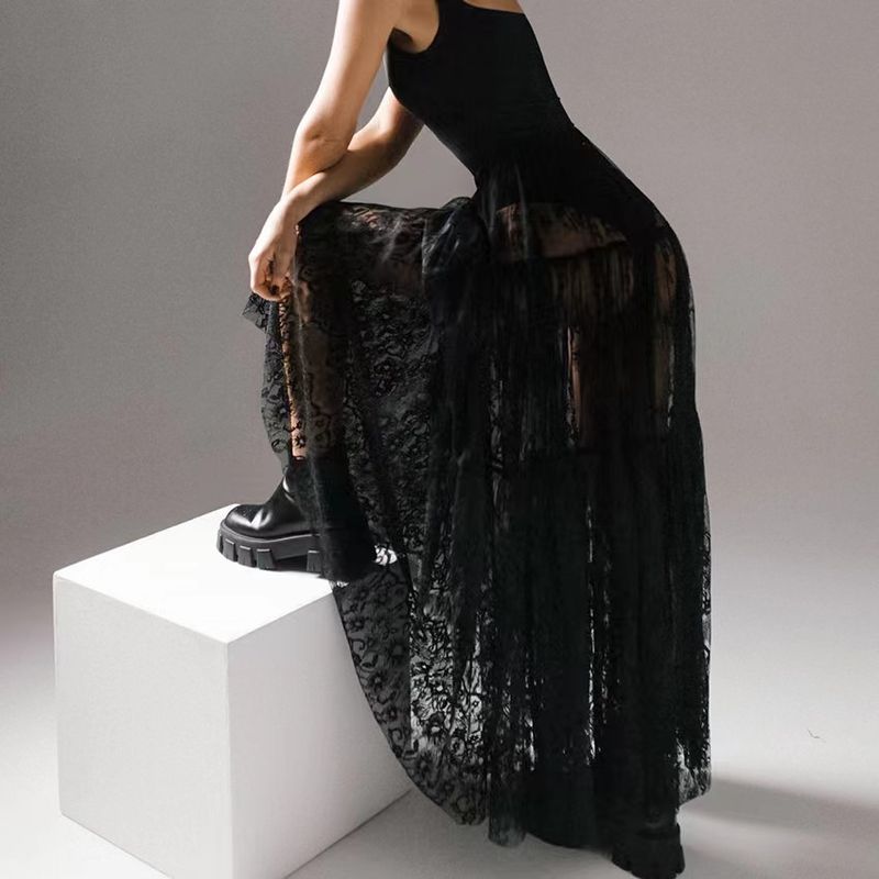 

Fashion Wind Black Sexy See-through Lace High Waist Skirt Sexy Perspective Lace Skirt Black S