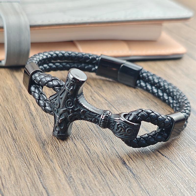 Fashion Stainless Steel Thor's Hammer Multilayer Braided Rope Leather Bracelet & Bangles for Men Jewelry Charm Homme Gift