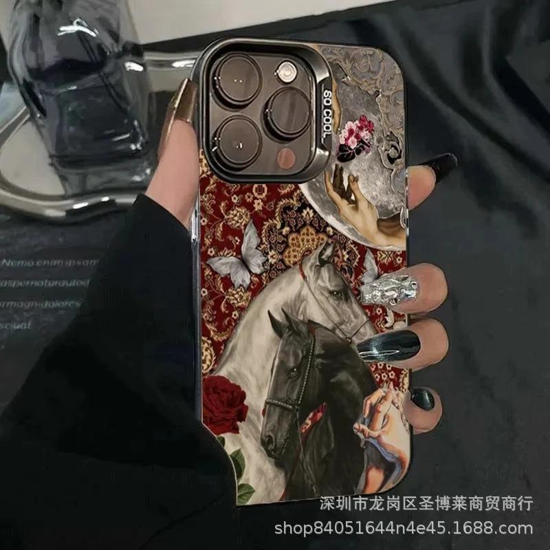 Retro Black and White Horse for Apple 15 Color Silver iPhone14Pro Creative 11promax Matte 16 Protective Case X